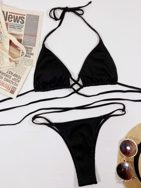 Strappy Bikini Two Piece Sexy Women's Halter Neck Crisscross Ribbed Swimsuit Set - Image 14