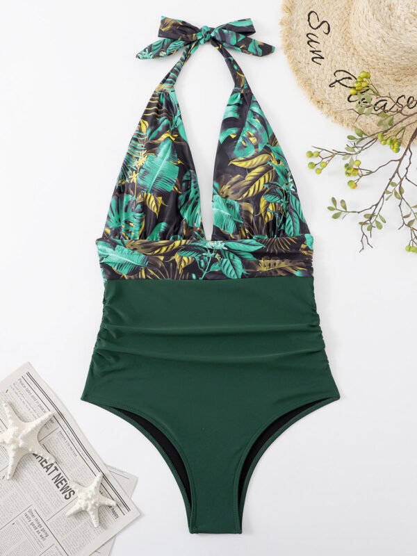 One Piece Swimsuit Nylon Fast Dry Premium Luxury Halter Neck Plunge Low V One-Piece Swimwear - Image 25