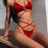 Strappy Bikini Two Piece Sexy Women's Halter Neck Crisscross Ribbed Swimsuit Set