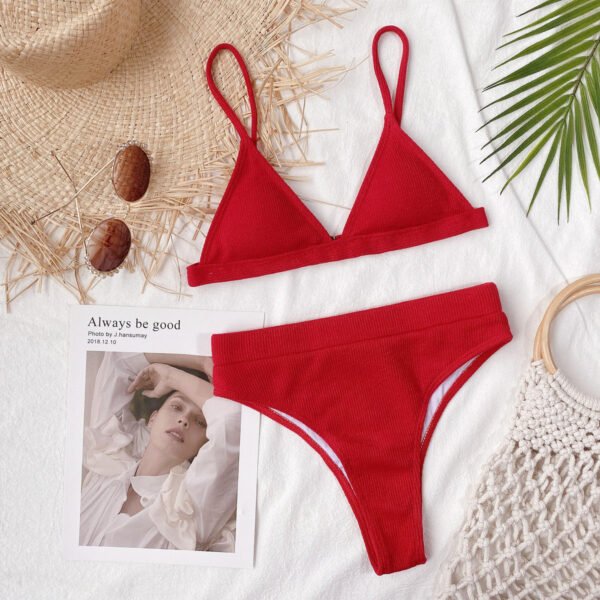 Bikini Set Solid Color Spaghetti Strap Ribbed High Waist Swimsuit Two Piece Set KESLEY - Image 16