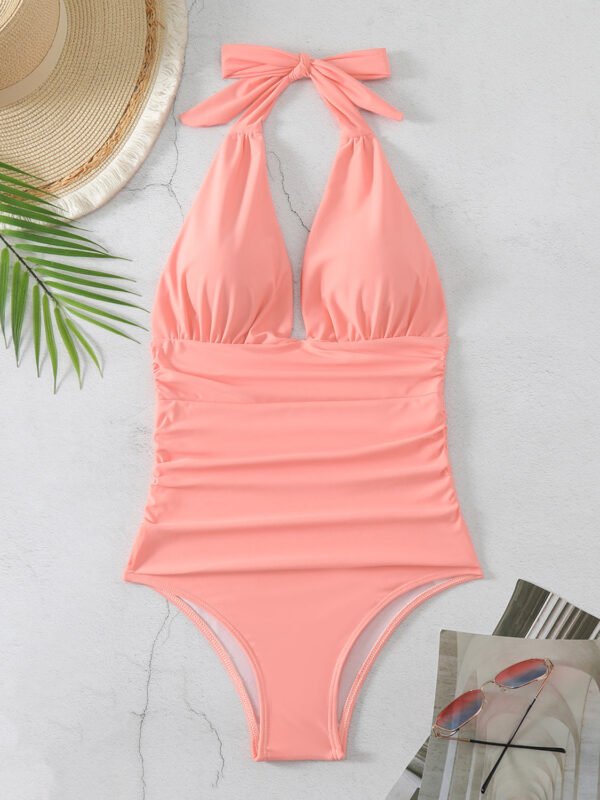 One Piece Swimsuit Nylon Fast Dry Premium Luxury Halter Neck Plunge Low V One-Piece Swimwear - Image 36