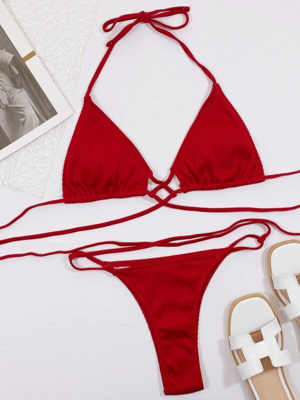Strappy Bikini Two Piece Sexy Women's Halter Neck Crisscross Ribbed Swimsuit Set - Image 6