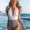 One Piece Swimsuit Nylon Fast Dry Premium Luxury Halter Neck Plunge Low V One-Piece Swimwear