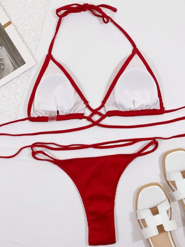 Strappy Bikini Two Piece Sexy Women's Halter Neck Crisscross Ribbed Swimsuit Set - Image 5
