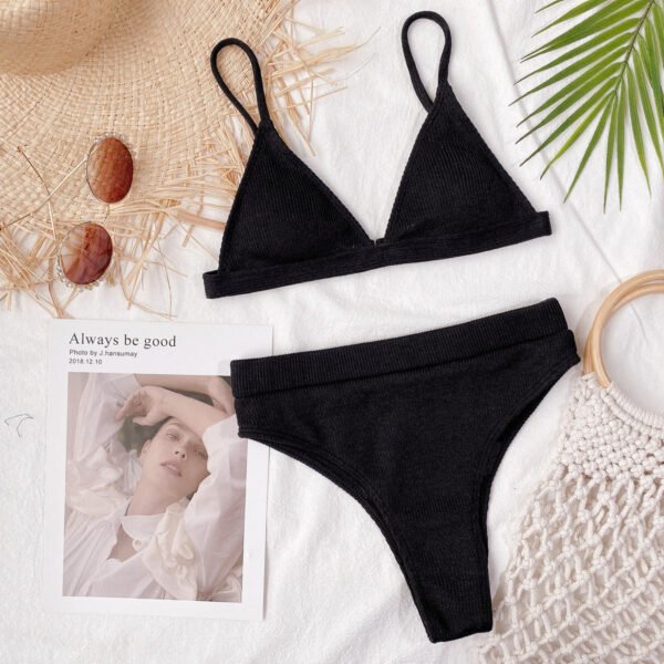 Bikini Set Solid Color Spaghetti Strap Ribbed High Waist Swimsuit Two Piece Set KESLEY - Image 13