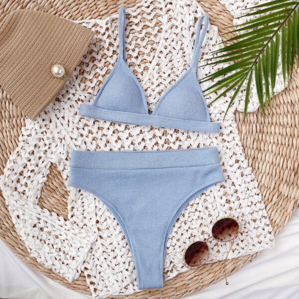 Bikini Set Solid Color Spaghetti Strap Ribbed High Waist Swimsuit Two Piece Set KESLEY - Image 7