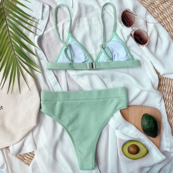 Bikini Set Solid Color Spaghetti Strap Ribbed High Waist Swimsuit Two Piece Set KESLEY - Image 12
