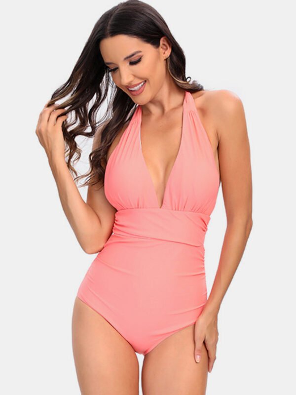 One Piece Swimsuit Nylon Fast Dry Premium Luxury Halter Neck Plunge Low V One-Piece Swimwear - Image 34