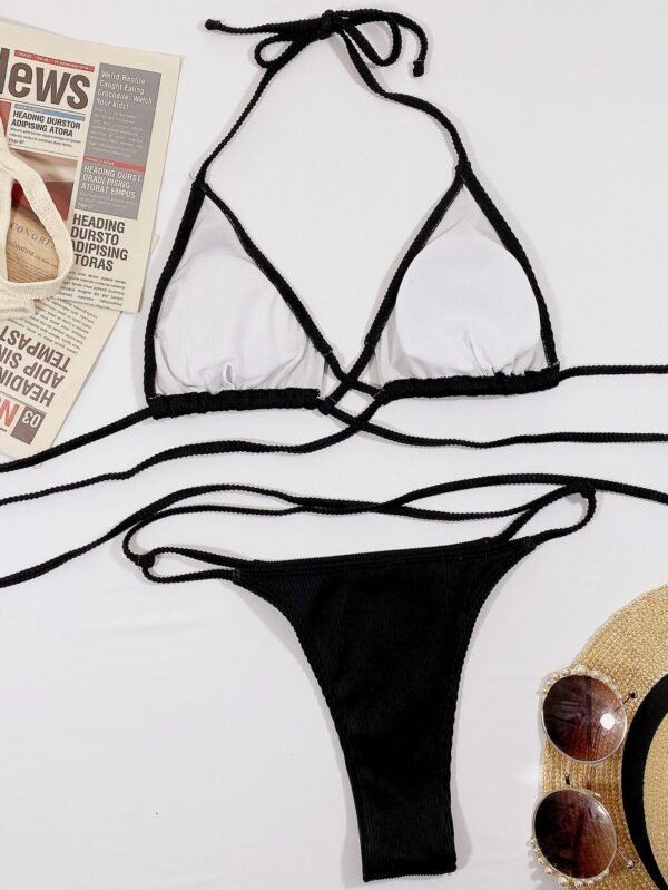 Strappy Bikini Two Piece Sexy Women's Halter Neck Crisscross Ribbed Swimsuit Set - Image 16