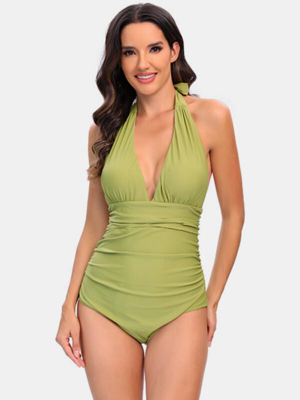 One Piece Swimsuit Nylon Fast Dry Premium Luxury Halter Neck Plunge Low V One-Piece Swimwear - Image 3