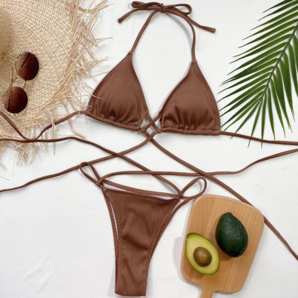 Strappy Bikini Two Piece Sexy Women's Halter Neck Crisscross Ribbed Swimsuit Set - Image 11