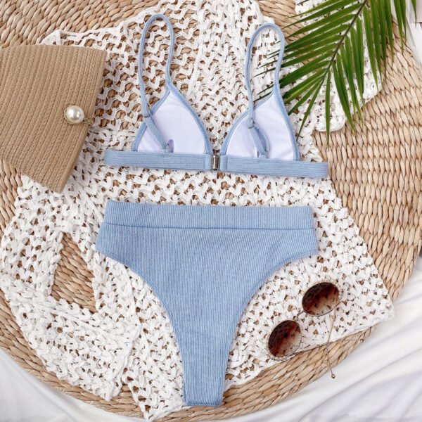 Bikini Set Solid Color Spaghetti Strap Ribbed High Waist Swimsuit Two Piece Set KESLEY - Image 6