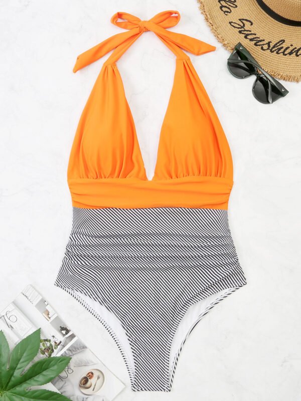 One Piece Swimsuit Nylon Fast Dry Premium Luxury Halter Neck Plunge Low V One-Piece Swimwear - Image 18