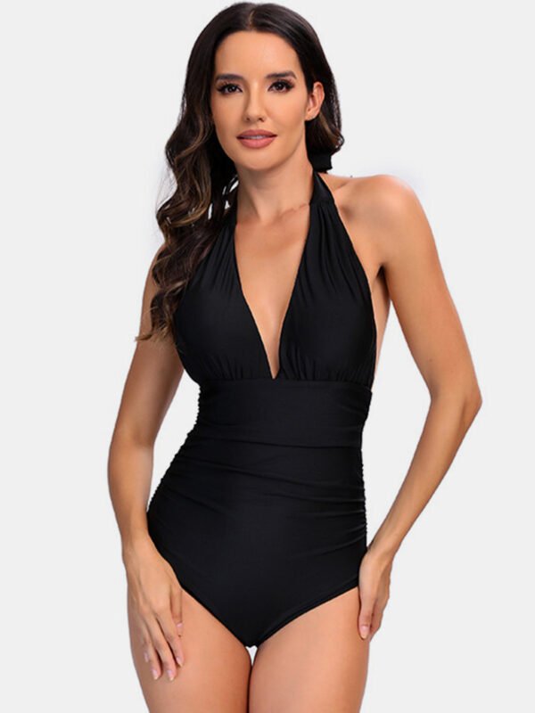 One Piece Swimsuit Nylon Fast Dry Premium Luxury Halter Neck Plunge Low V One-Piece Swimwear - Image 2