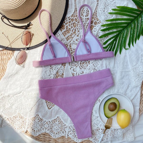 Bikini Set Solid Color Spaghetti Strap Ribbed High Waist Swimsuit Two Piece Set KESLEY - Image 10