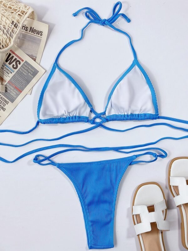 Strappy Bikini Two Piece Sexy Women's Halter Neck Crisscross Ribbed Swimsuit Set - Image 10