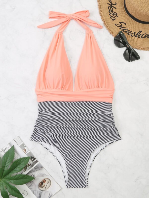 One Piece Swimsuit Nylon Fast Dry Premium Luxury Halter Neck Plunge Low V One-Piece Swimwear - Image 33