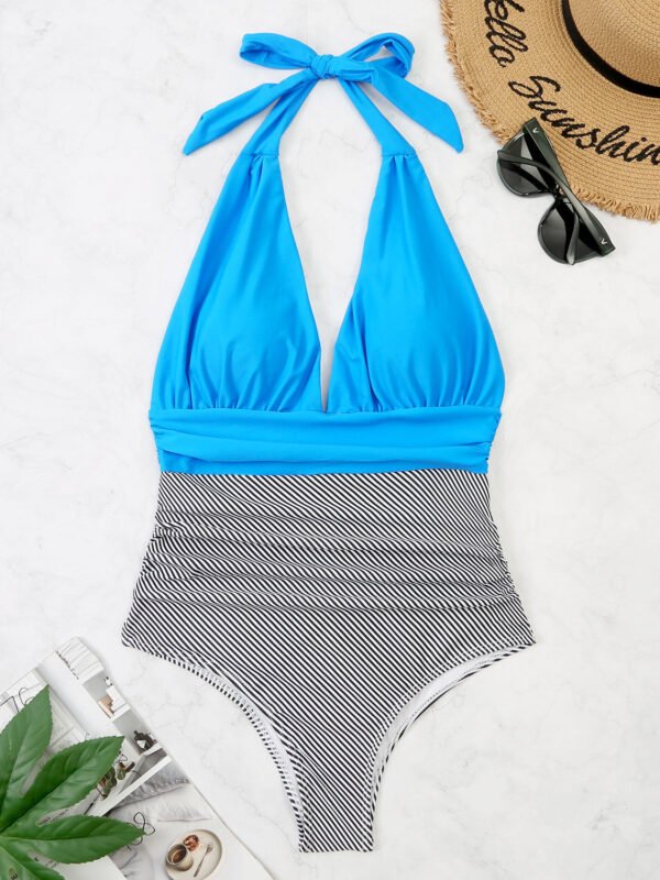 One Piece Swimsuit Nylon Fast Dry Premium Luxury Halter Neck Plunge Low V One-Piece Swimwear - Image 21